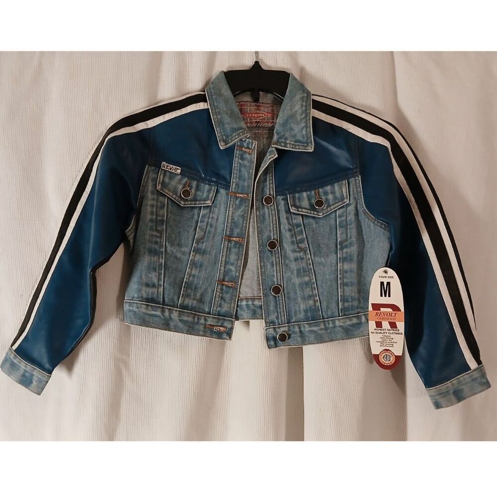 NWT Y2K 'Revolt' Cropped Denim & Blue Faux Leather Jacket Racing Stripe/ Petite